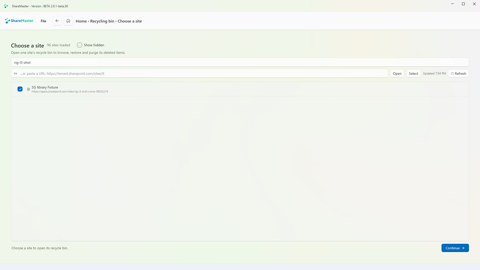 Recycle bin report: choosing the site to report on