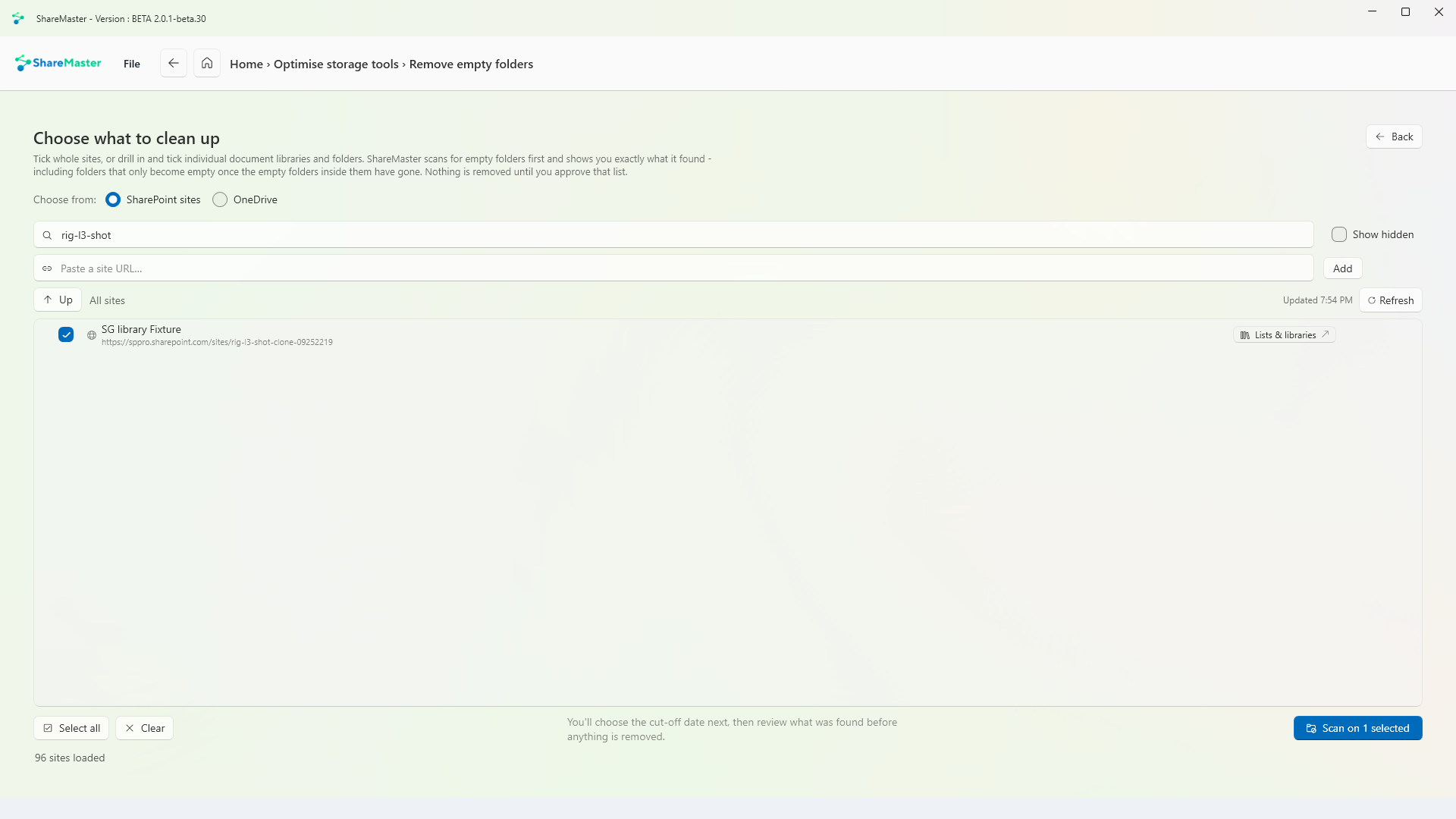 Remove empty folders: choosing which sites, libraries or folders to clean up