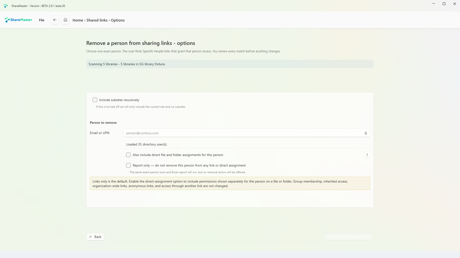 Remove a person from sharing links: choose one exact person, with a report-only option