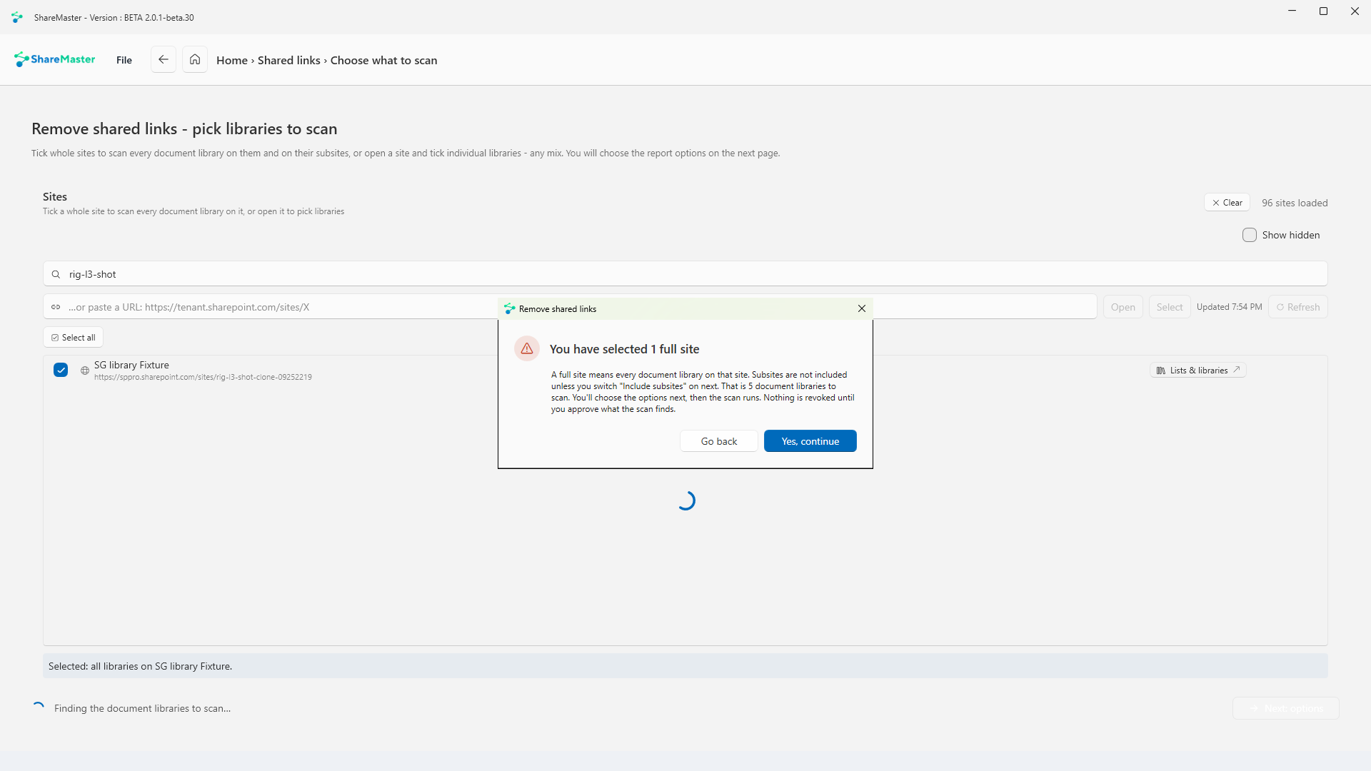 Remove shared links: confirming the selection, with a note that nothing is revoked until you approve what the scan finds