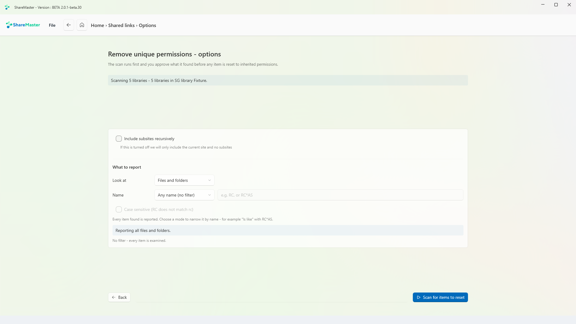 Remove unique permissions options: what to reset, scanned before anything changes