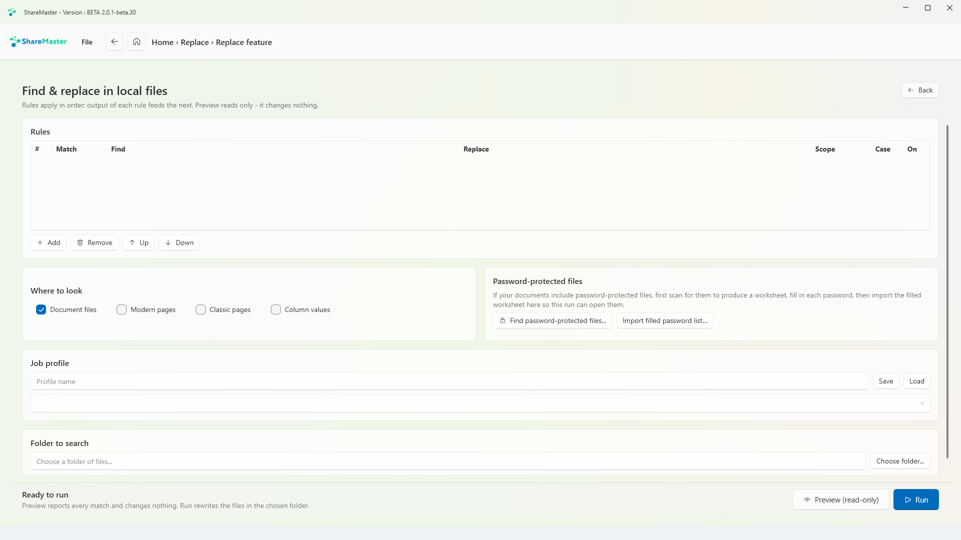 Find and replace in local files: rules, where to look, and a read-only preview button