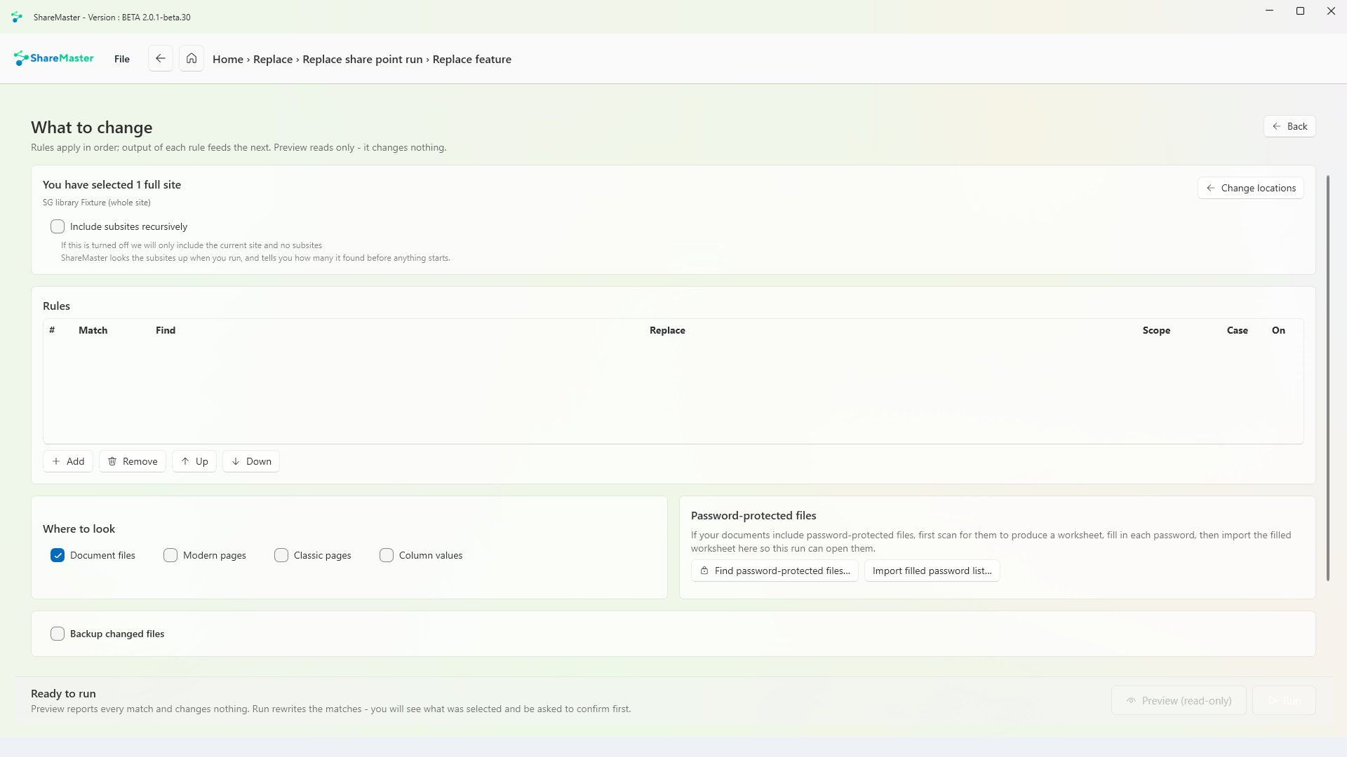 Replace in SharePoint: the rules table, where to look and password-protected file handling