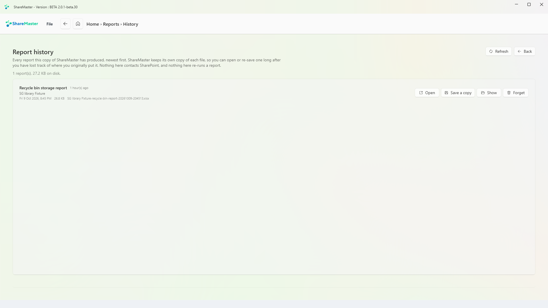 Report history listing a recycle bin storage report with Open, Save a copy, Show and Forget buttons