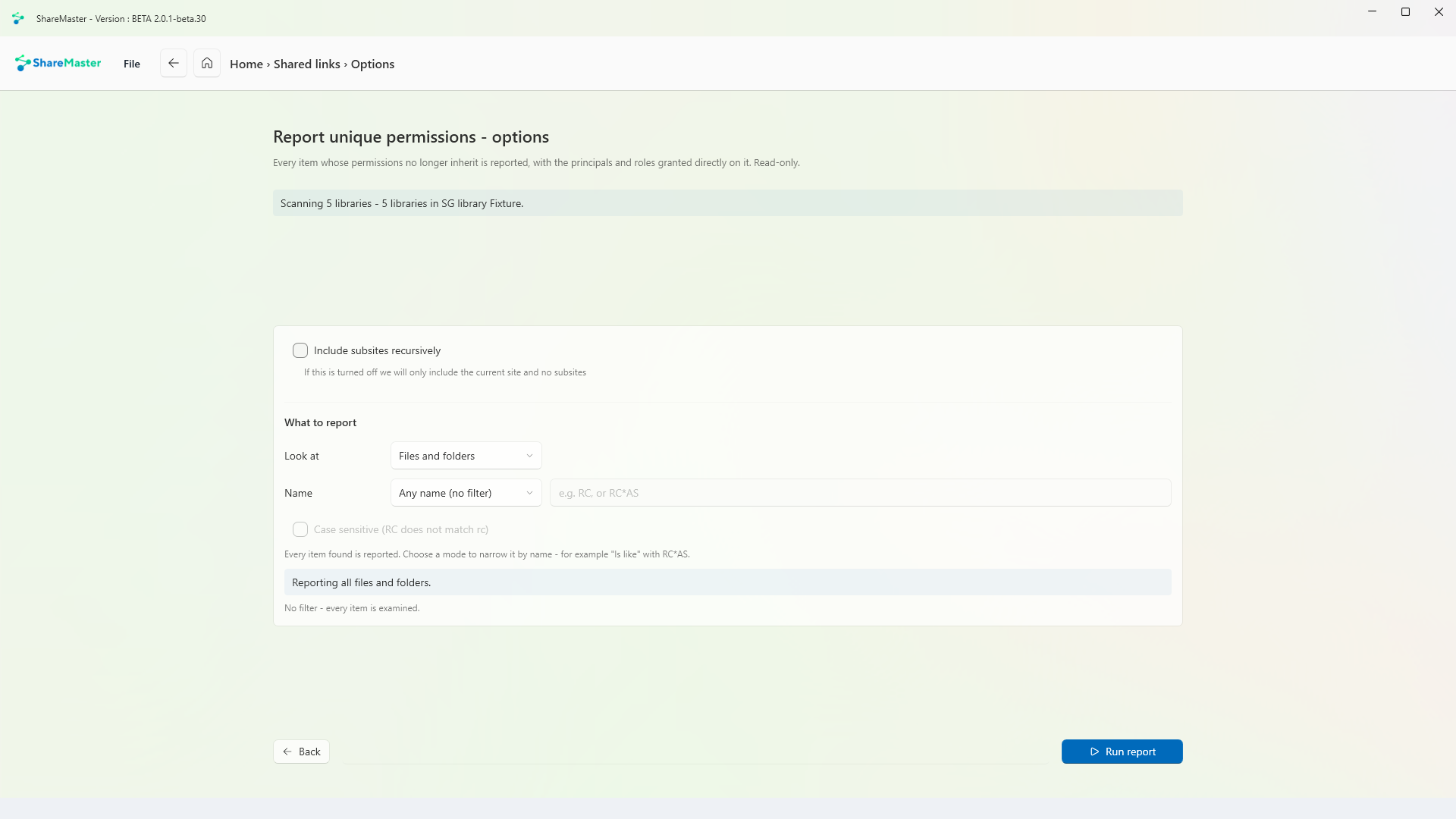 Report unique permissions options: which libraries are being scanned and what to report