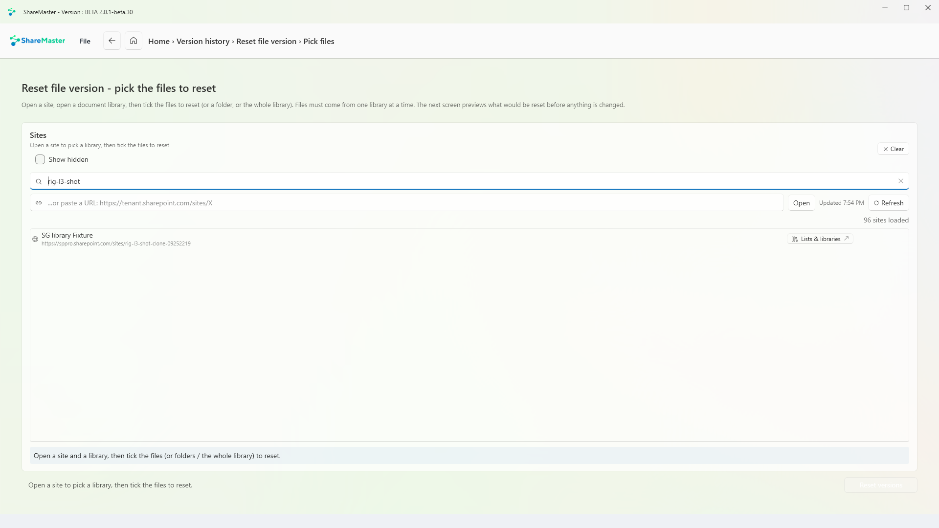 Reset file version: picking the site, library and files whose version history to reset