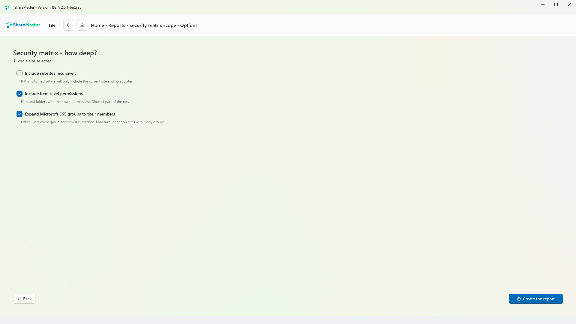 Security matrix options: include subsites, item-level permissions and Microsoft 365 group members