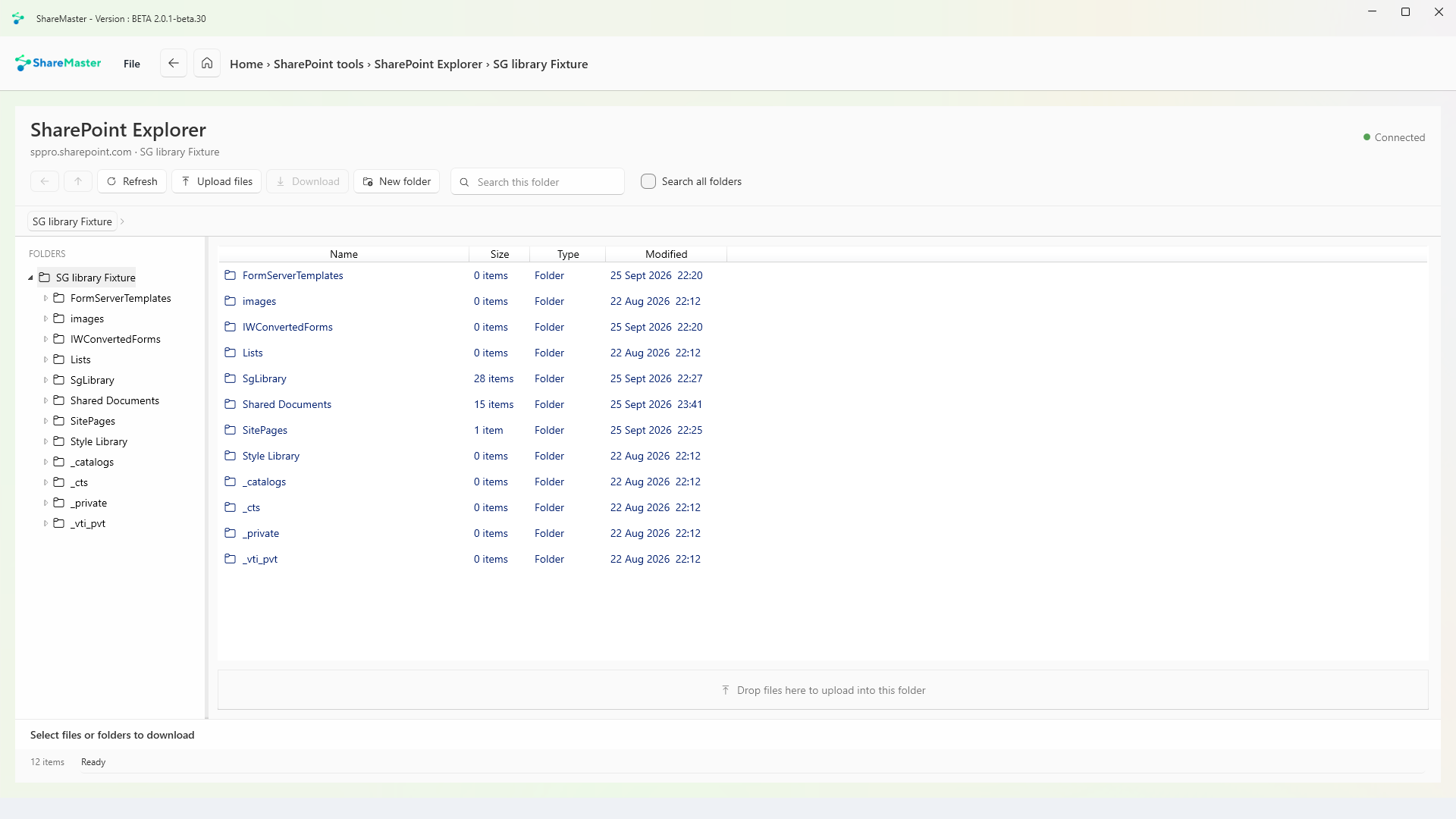 SharePoint Explorer browsing a site's libraries and folders with size, type and modified date