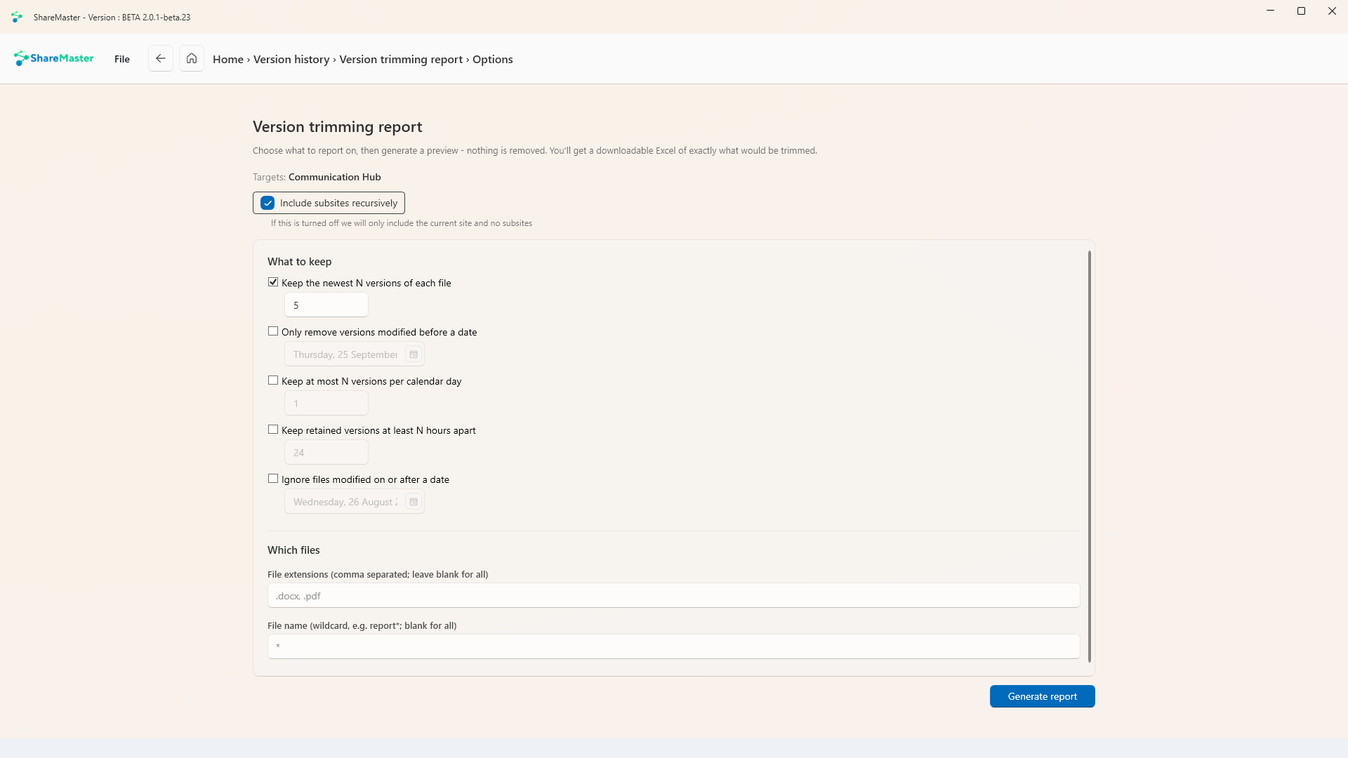 Version trimming report options in ShareMaster: keep the newest N versions, date, per-day and hours-apart rules, and file extension and name filters