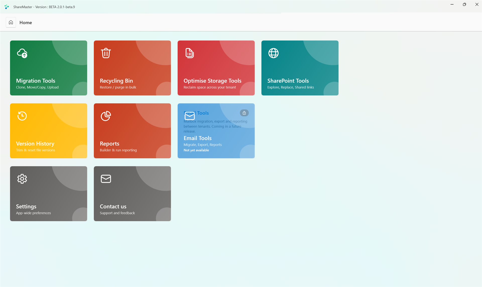 ShareMaster V2 home screen with the Migration, Recycling Bin, Optimise Storage, SharePoint Tools, Version History, Reports and Email Tools tiles