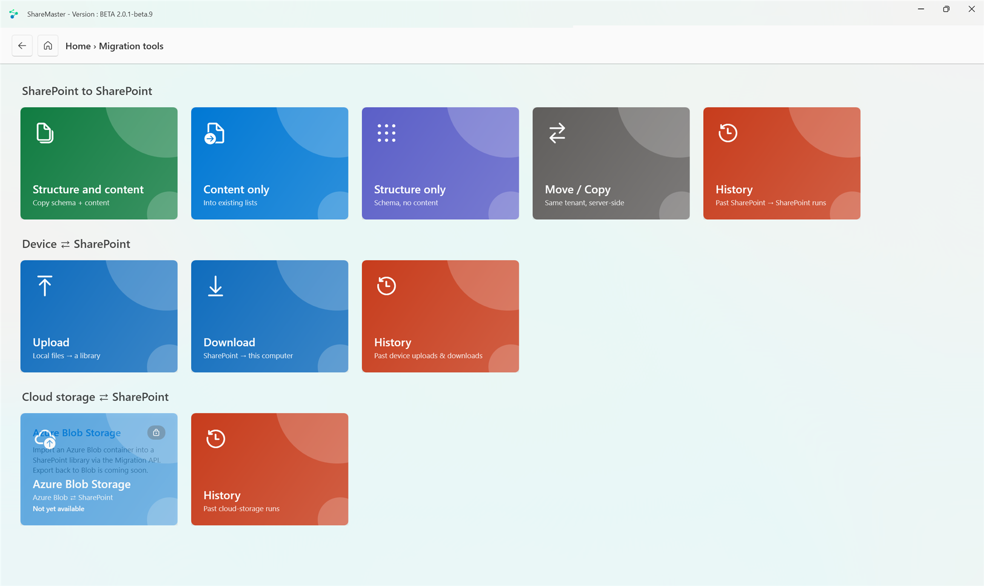 ShareMaster V2 migration tools: SharePoint to SharePoint, device to SharePoint upload and download, and cloud storage