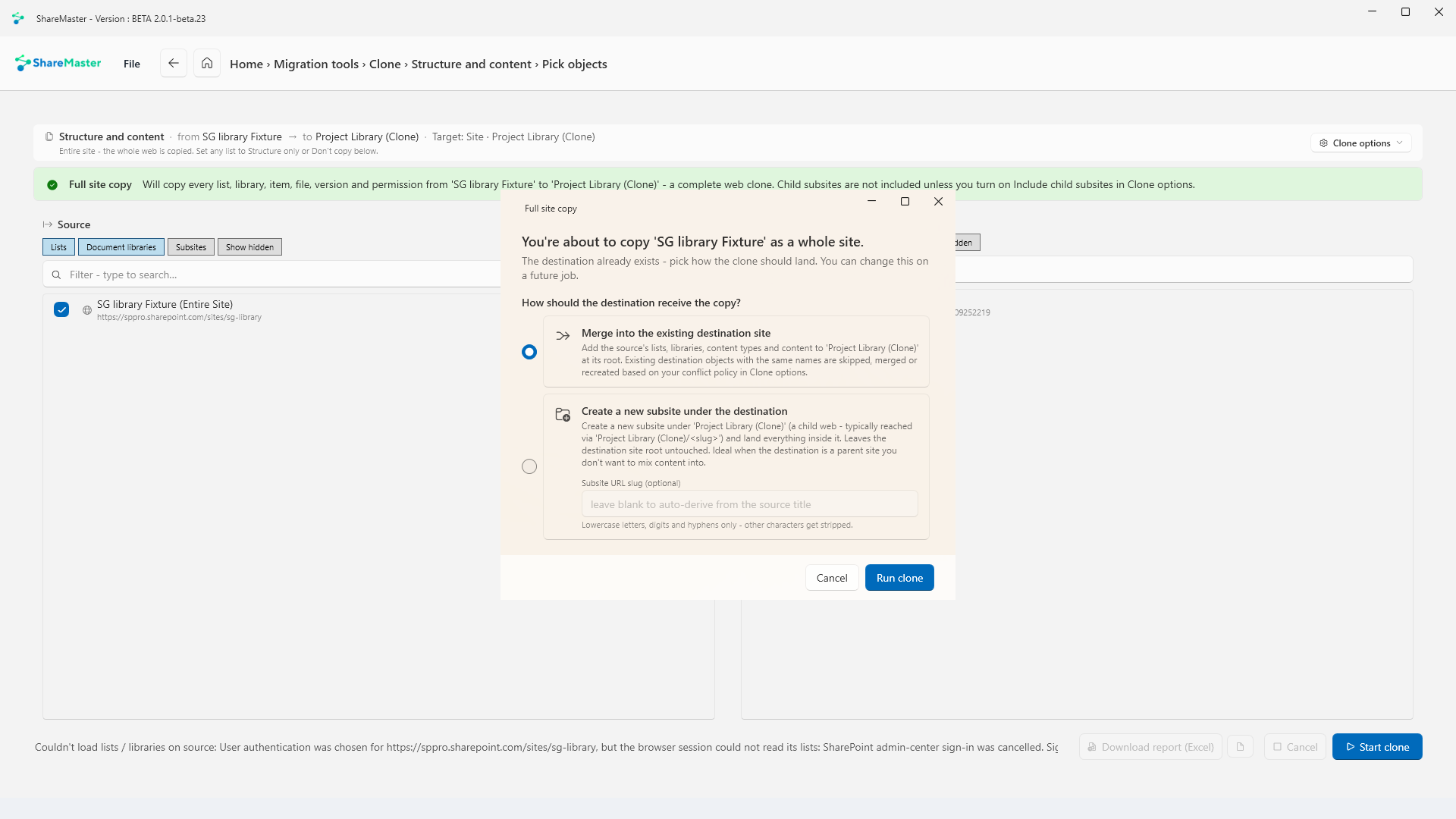 Full site copy options: merge into the existing destination site, or create a new subsite under it with an optional URL slug