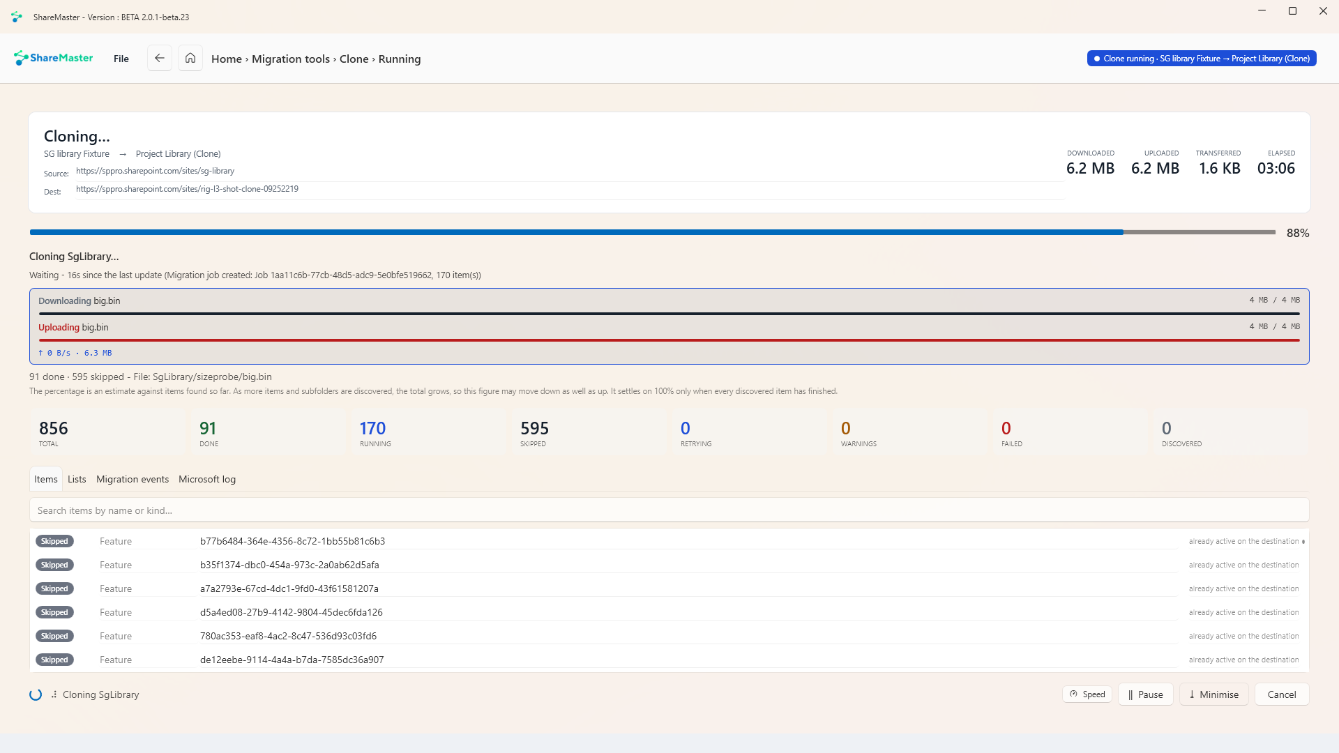 A ShareMaster V2 SharePoint site migration mid-run: bytes downloaded and uploaded, elapsed time, the file in flight with its download and upload bars, and counters for total, done, running, skipped, retrying, warnings, failed and discovered items