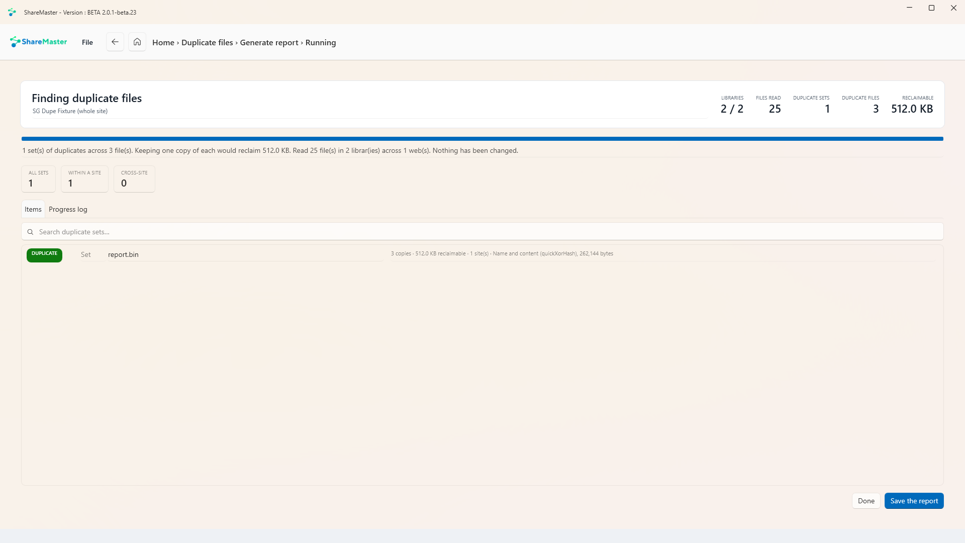 Duplicate file report results: libraries scanned, files read, duplicate sets, duplicate files and reclaimable space, with sets split into within a site and cross-site