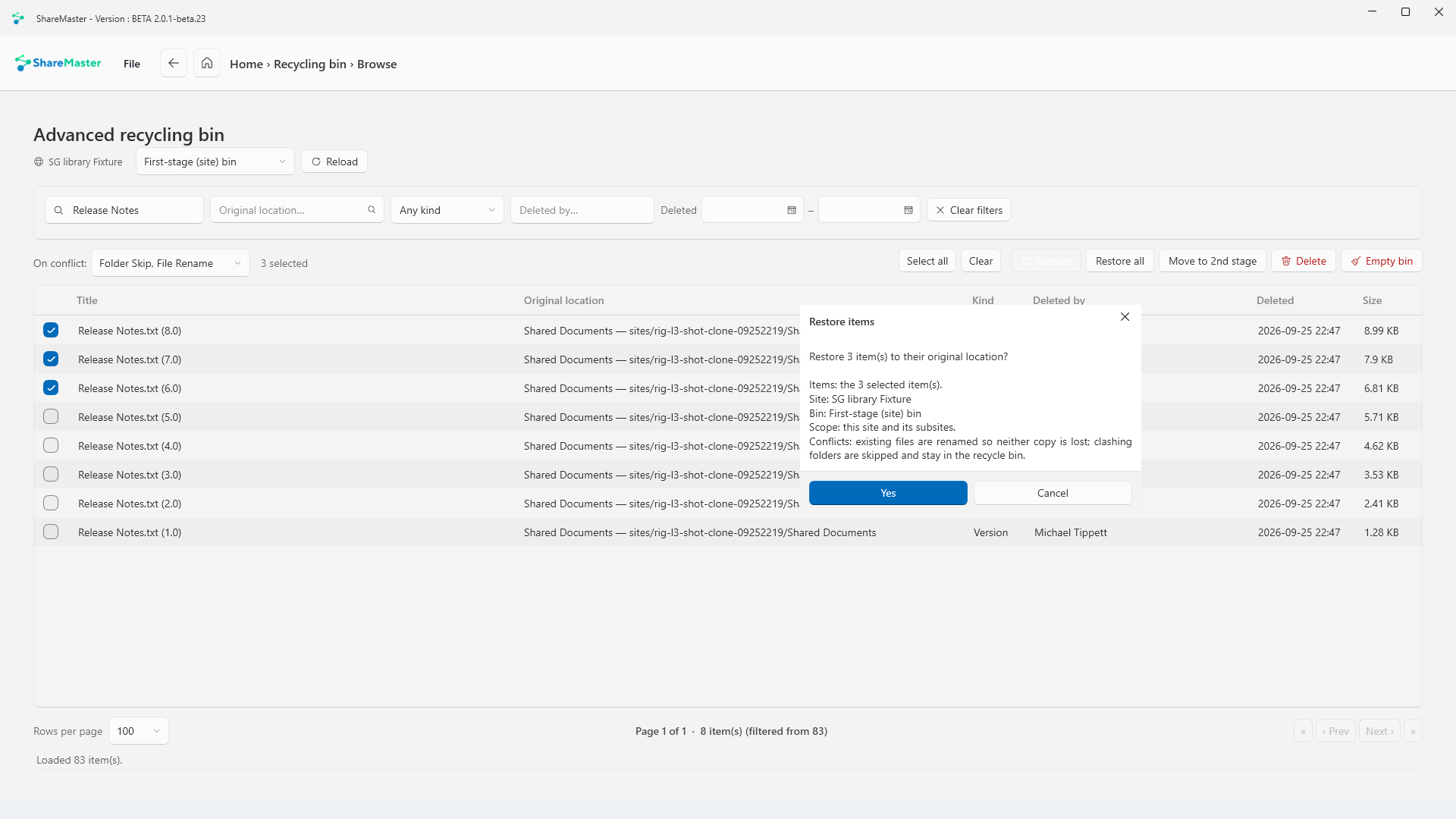 Restore confirmation listing the selected items, the site, the bin, the scope and how conflicts are handled