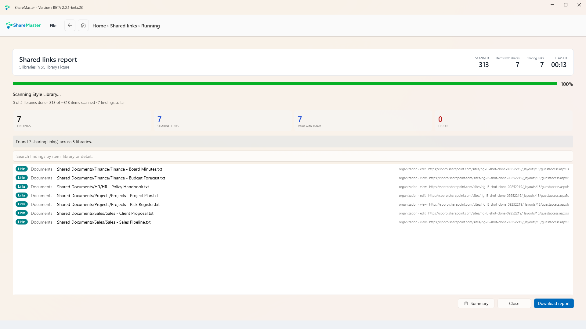 A SharePoint sharing links report listing seven sharing links, each with its library, file path, scope, whether it allows view or edit, and the link address