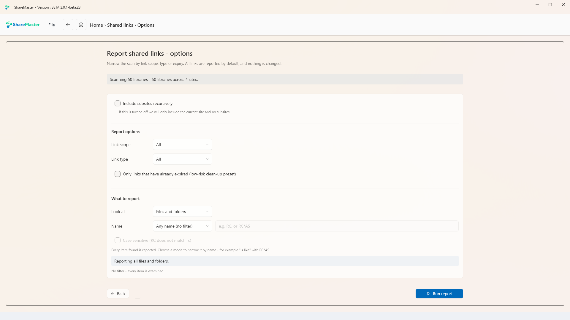Shared links report options: include subsites, link scope, link type, only expired links, and a name filter