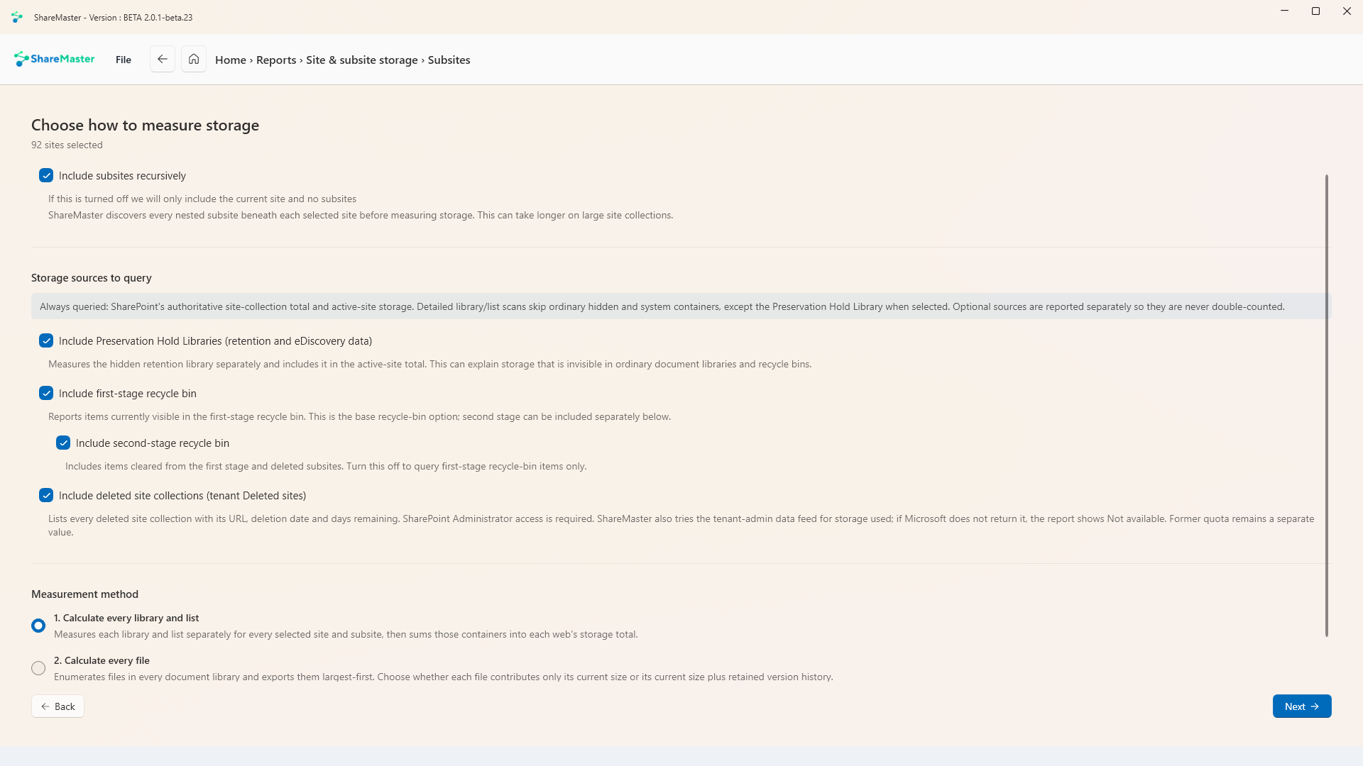 Storage report options: include subsites recursively, and storage sources including Preservation Hold Libraries and the first and second-stage recycle bins