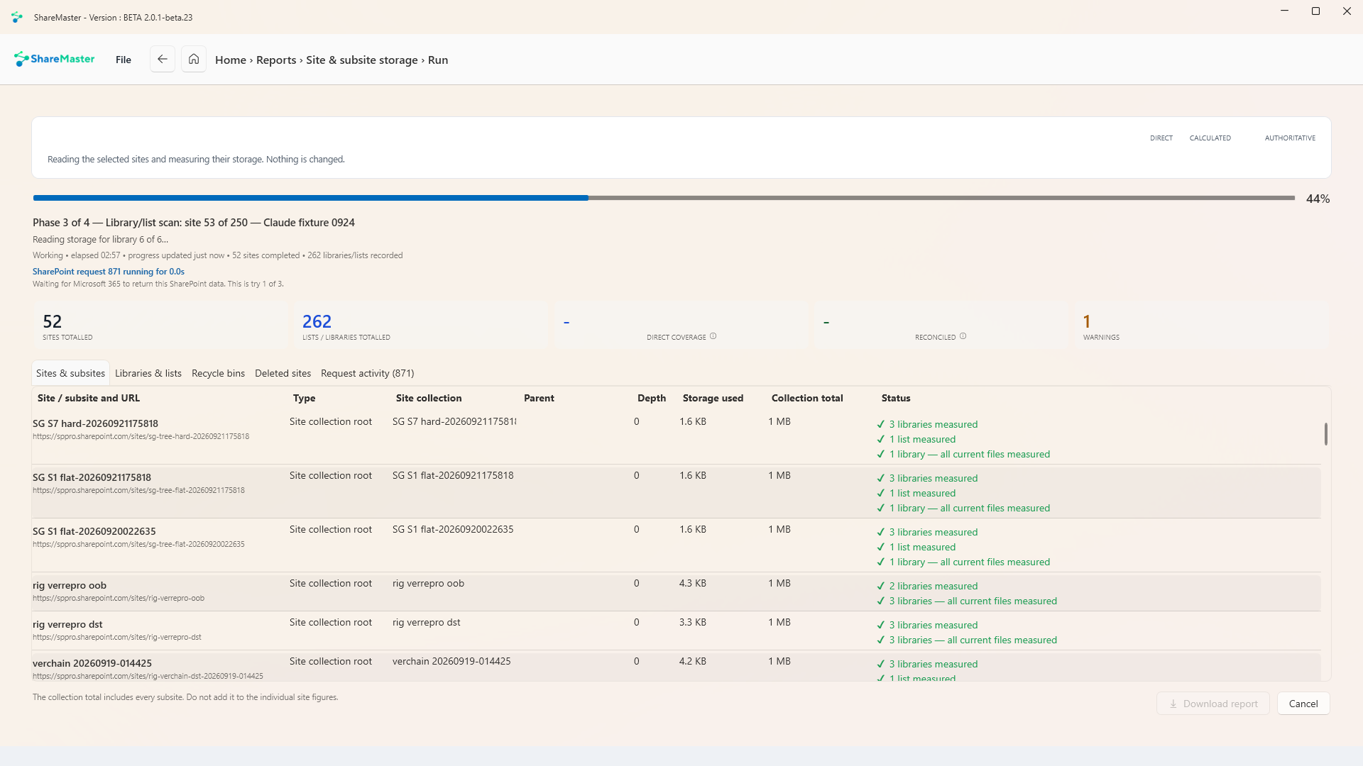 The site and subsite storage report mid-run in phase 3 of 4: 52 sites and 262 libraries and lists totalled, the SharePoint request currently running, and a table of sites with their storage used, collection total and per-library status