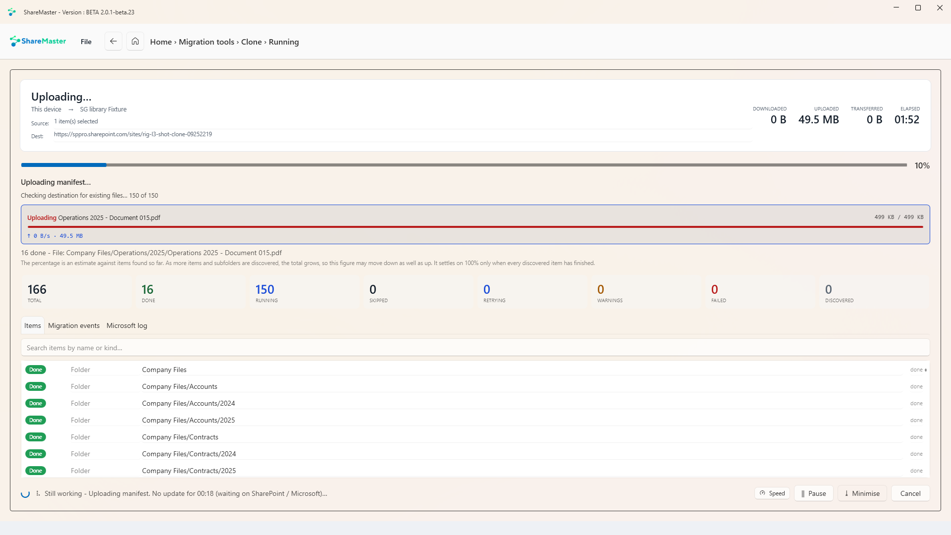 A ShareMaster V2 upload mid-run: 150 files and 49.5 MB from a local Company Files folder, the file being uploaded with its progress bar, counters, and the folder tree being created in the library