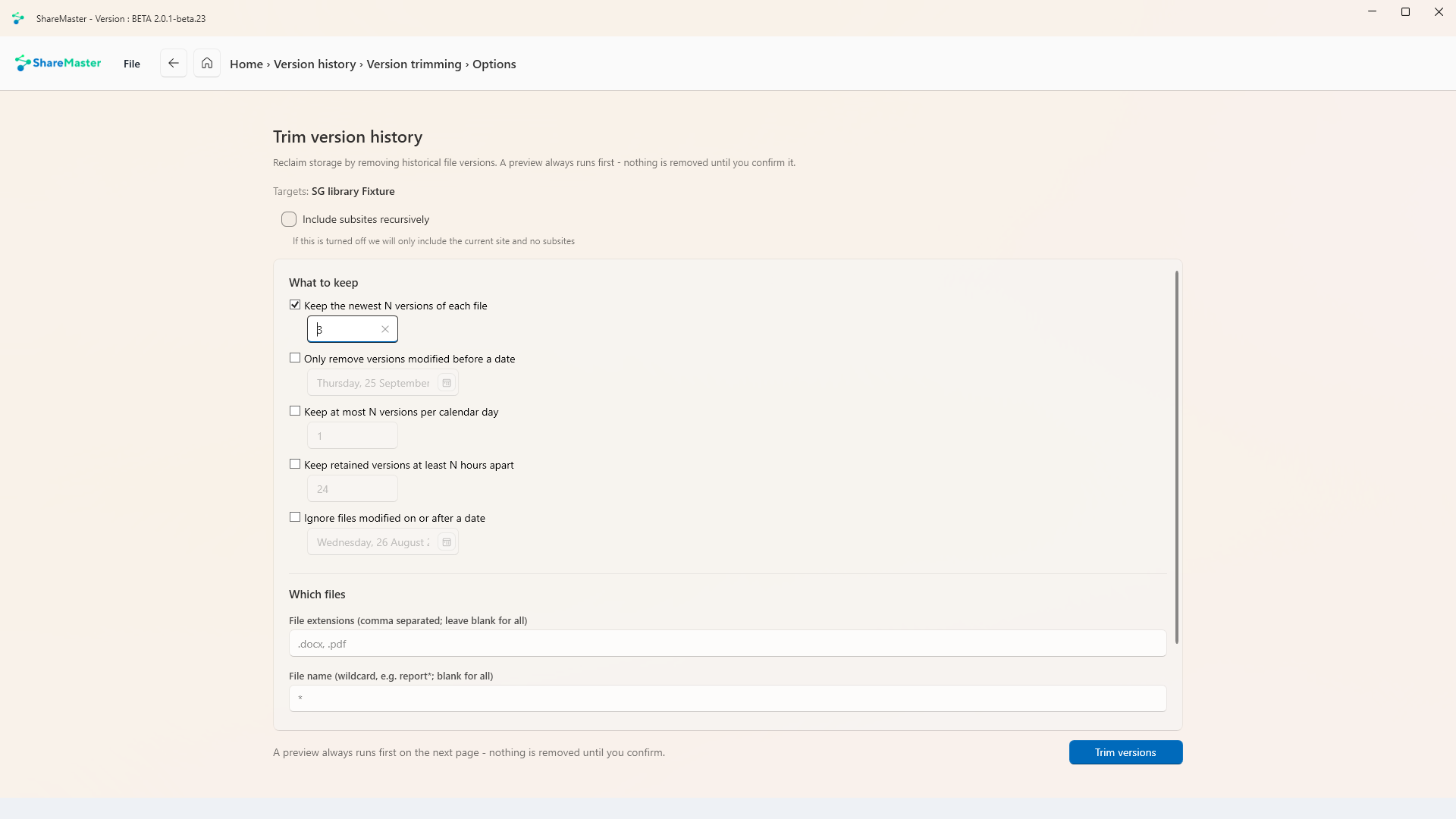 Version trimming settings: keep the newest N versions, delete before a date, maximum versions per day, minimum hours apart, ignore recently modified files, extensions, file name wildcard, publish minor drafts and permanently delete